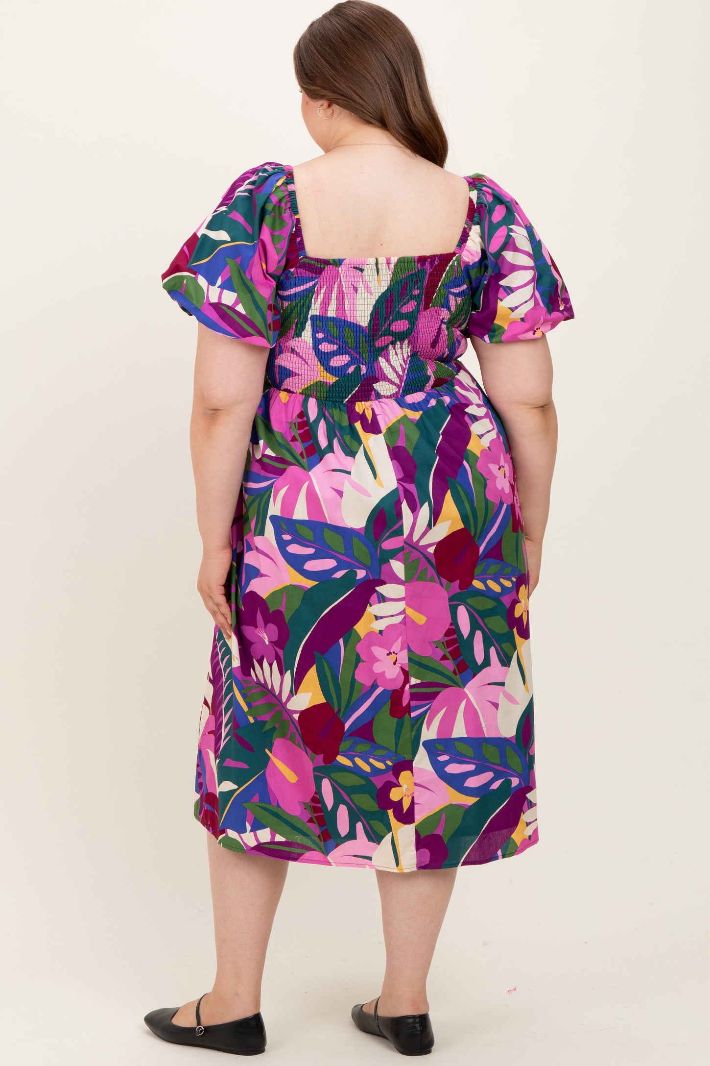 Purple Smocked Tropical Floral Maternity Plus Midi Dress