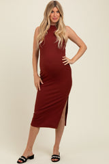 Rust Simple Mock Neck Midi Slip Maternity Dress
