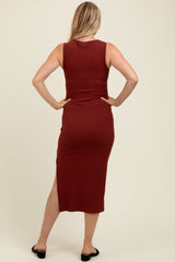 Rust Simple Mock Neck Midi Slip Maternity Dress