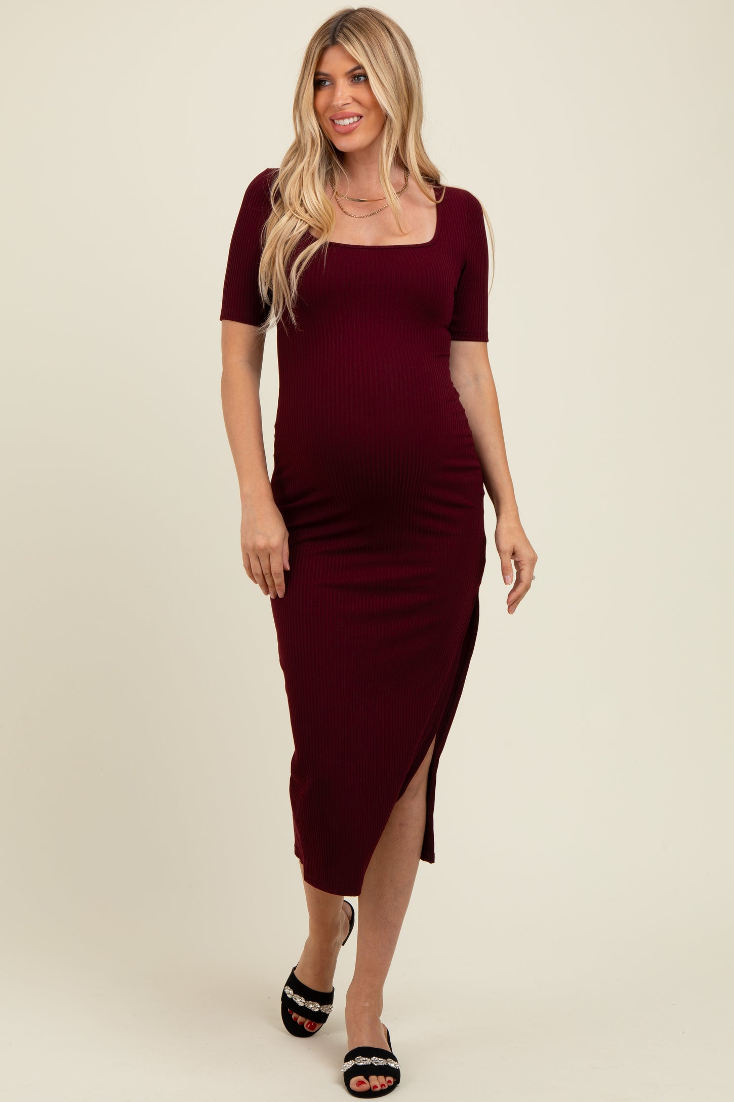 maternity clothes cocktail dress Wine Short Sleeve Midi Slip Maternity Dress – PinkBlush