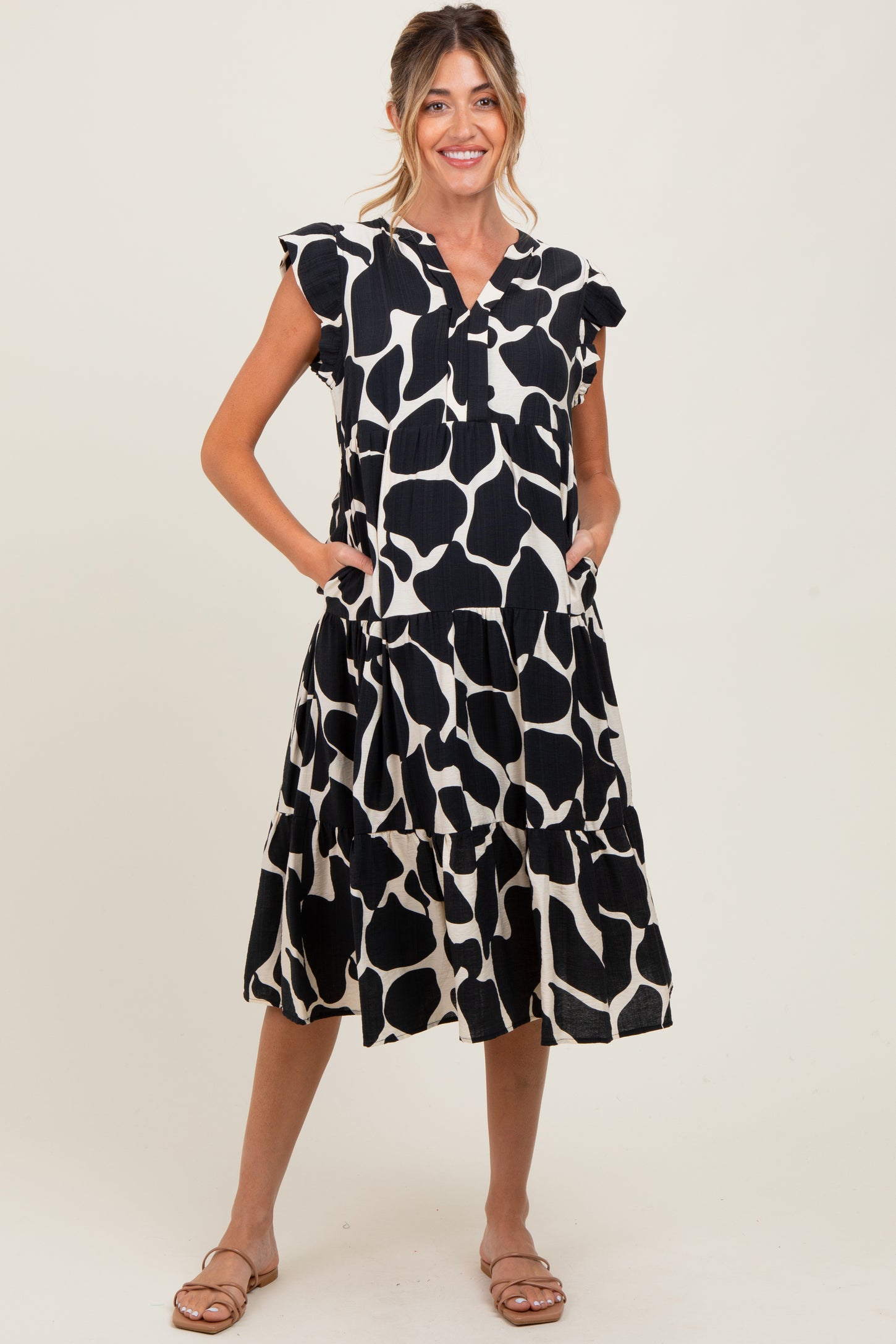 Black Print Tiered Layer Maternity Midi Dress