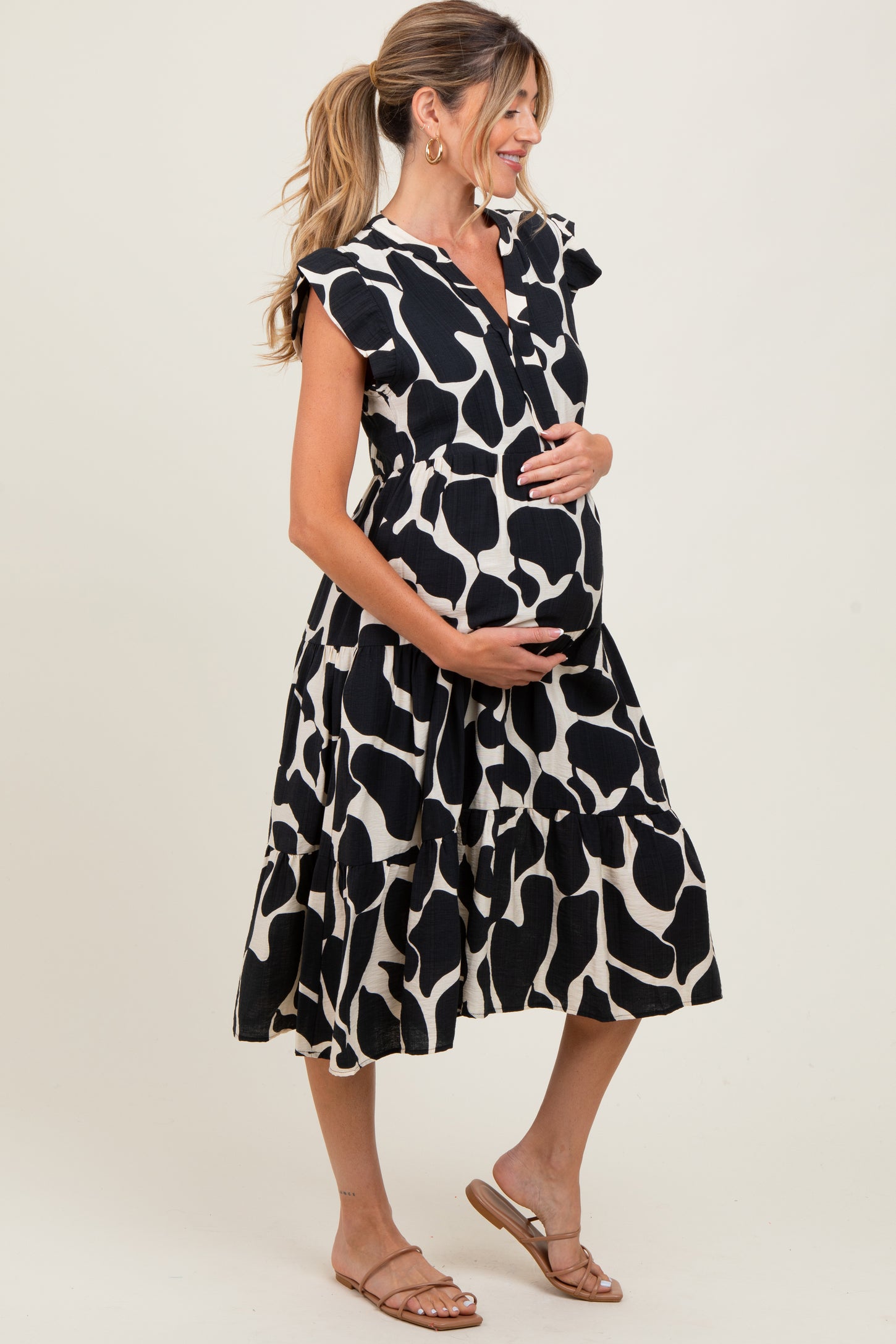 Black Print Tiered Layer Maternity Midi Dress