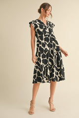 Black Print Tiered Layer Midi Dress
