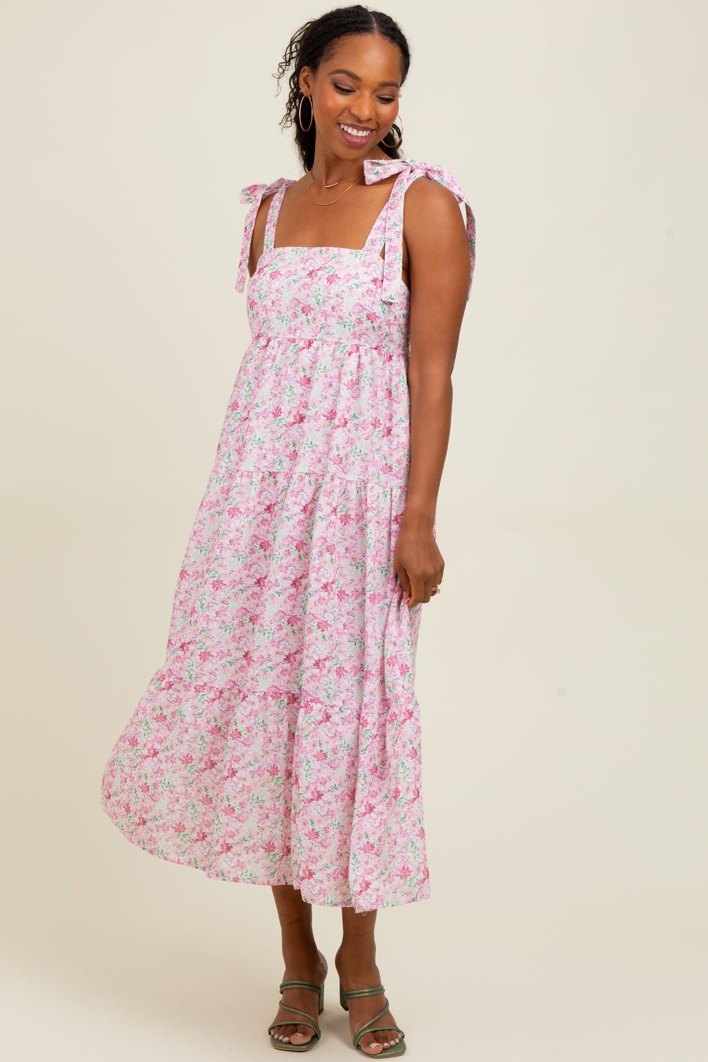 knee length dresses for ladies Light Pink Floral Print Cotton Dress - Midi Dresses