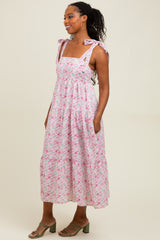 Light Pink Floral Shoulder Tie Midi Dress