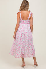 Light Pink Floral Shoulder Tie Maternity Midi Dress