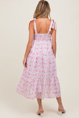 Light Pink Floral Shoulder Tie Maternity Midi Dress