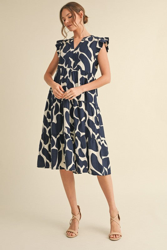 Navy Print Tiered Layer Maternity Midi Dress