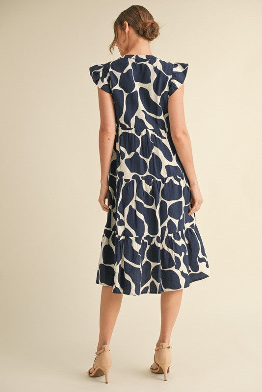 Navy Print Tiered Layer Midi Dress PinkBlush Navy Print Tiered Layer Midi Dress PinkBlush