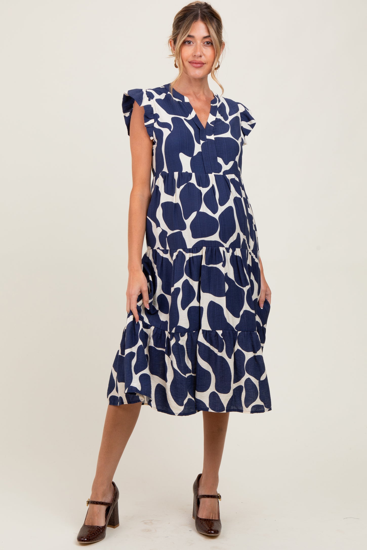 Navy Print Tiered Layer Maternity Midi Dress