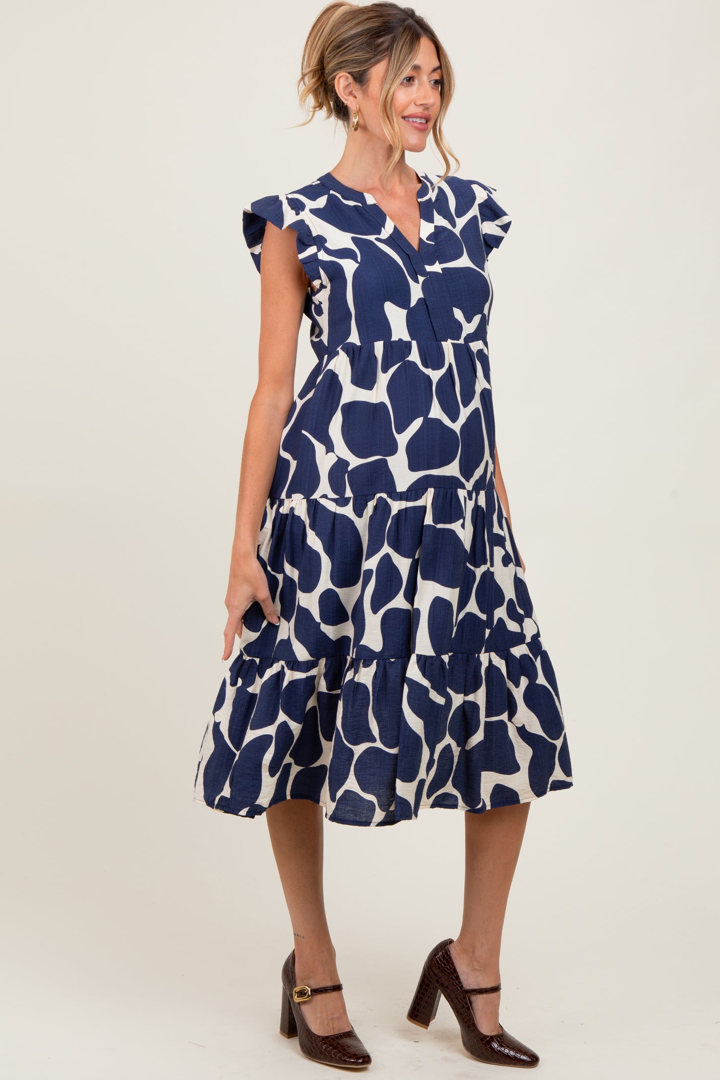 Navy Print Tiered Layer Maternity Midi Dress