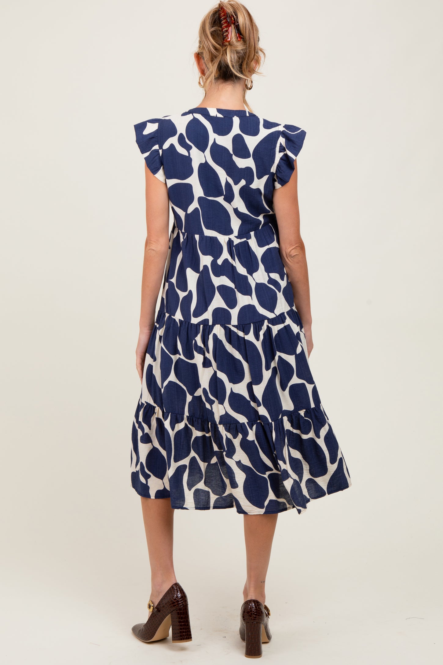 Navy Print Tiered Layer Maternity Midi Dress