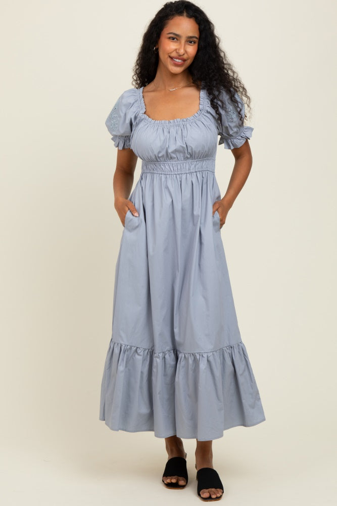Dusty Blue Eyelet Embroidered Sleeve Cotton Maternity Midi Dress – PinkBlush
