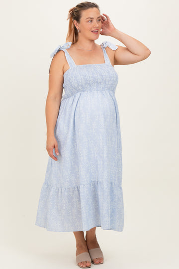 Blue/Ivory Plus Size Textured Floral Maternity Maxi Dress