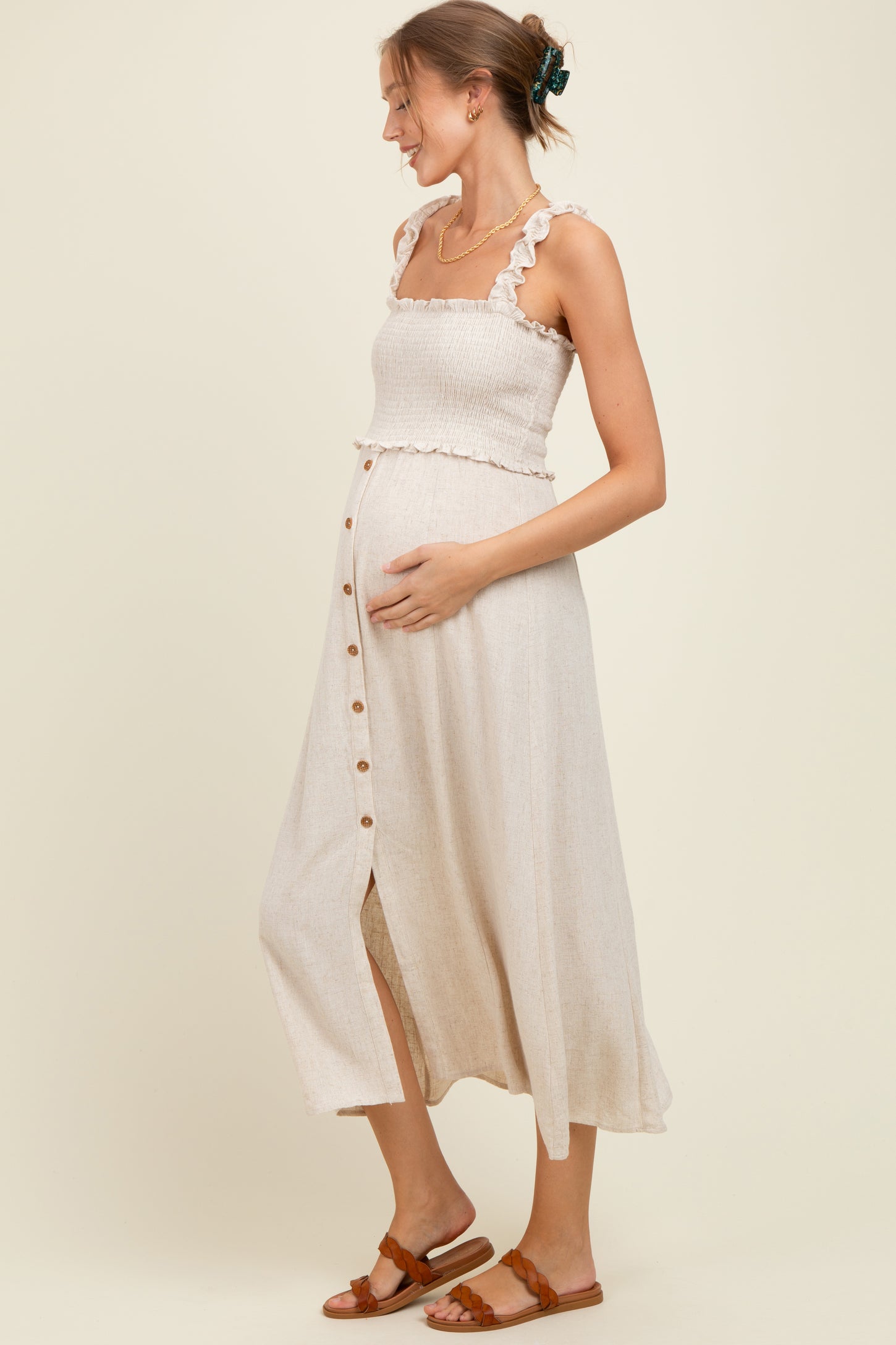 Oatmeal Smocked Button Front Linen Blend Maternity Midi Dress