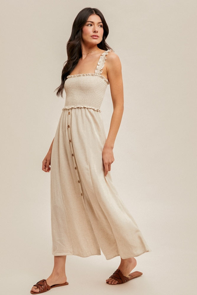 Oatmeal Smocked Button Front Linen Blend Midi Dress