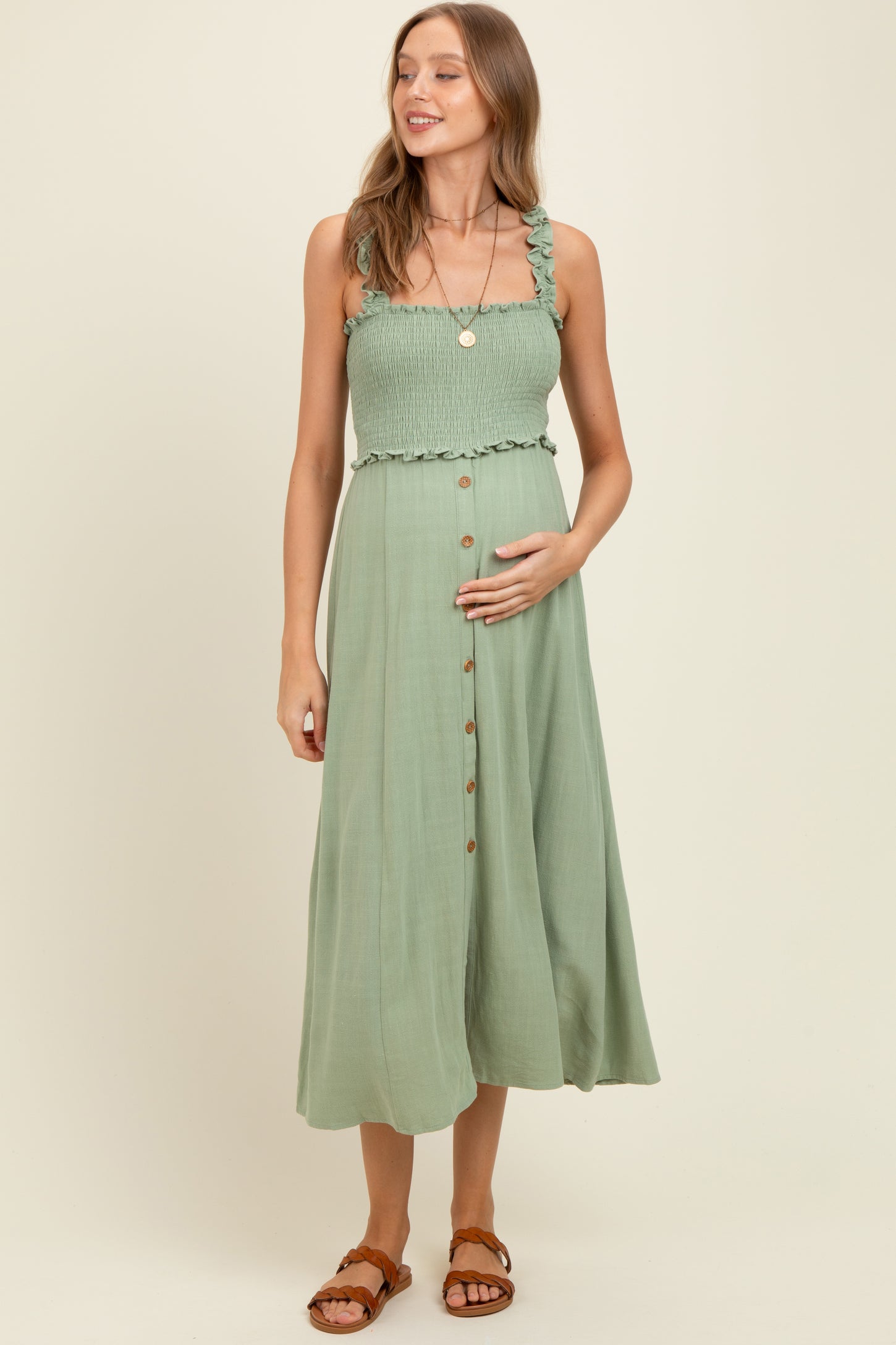linen blend button front midi dress Sage Smocked Button Front Linen Blend Maternity Midi Dress