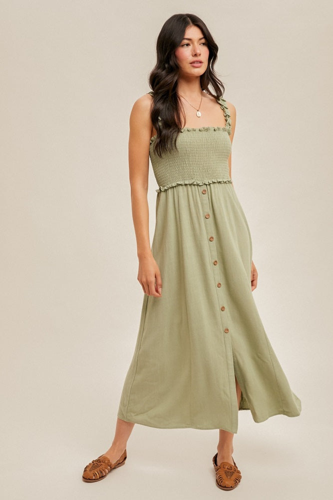 Sage Smocked Button Front Linen Blend Midi Dress