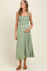 Sage Smocked Button Front Linen Blend Maternity Midi Dress