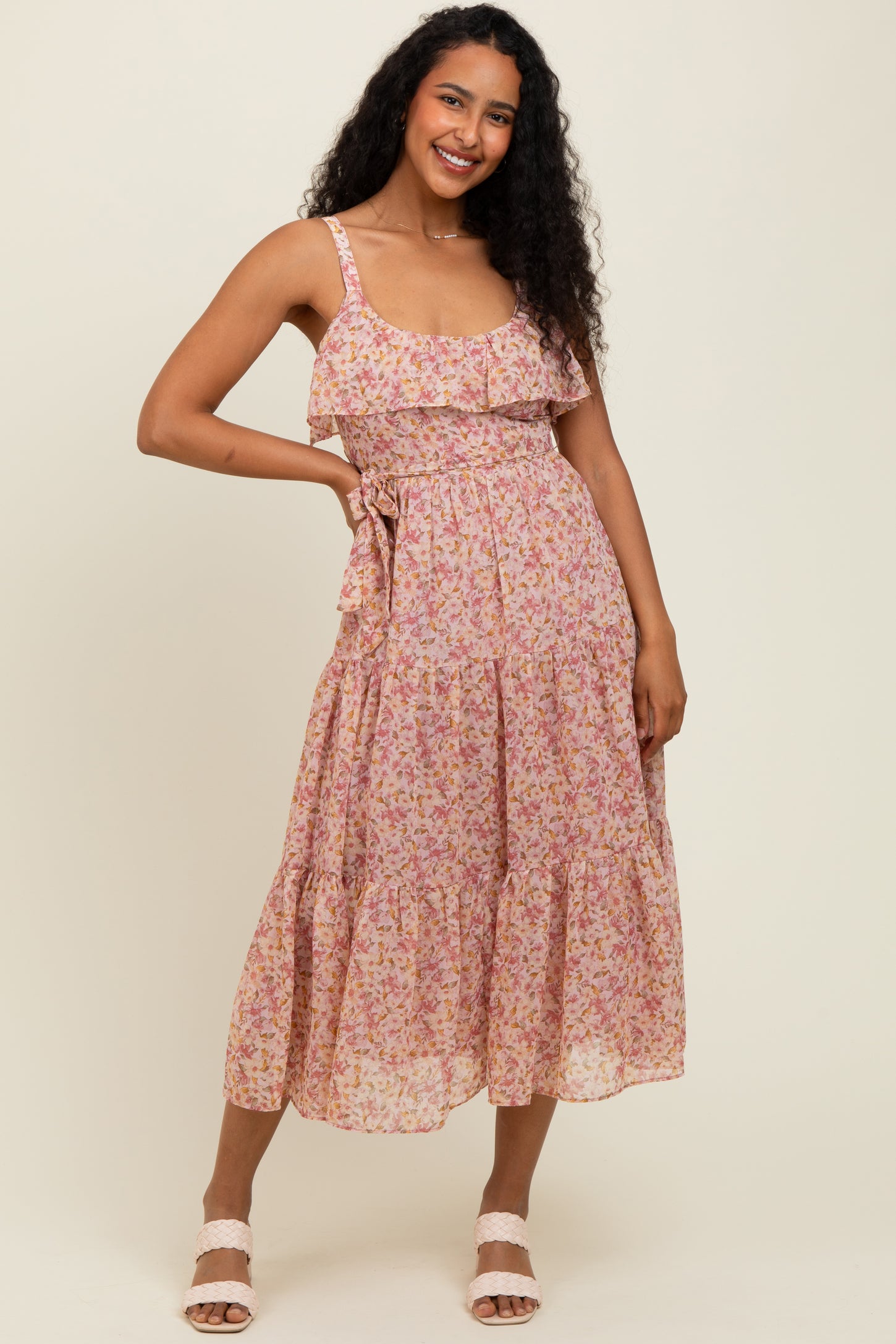 Pink Floral Ruffle Smocked Back Tiered Maternity Midi Dress