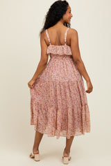 Pink Floral Ruffle Smocked Back Tiered Midi Dress