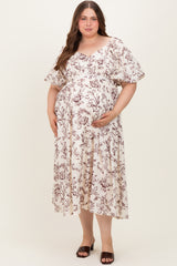 Cream/Brown Floral Print Bubble Sleeve Maternity Maxi Dress Plus Size