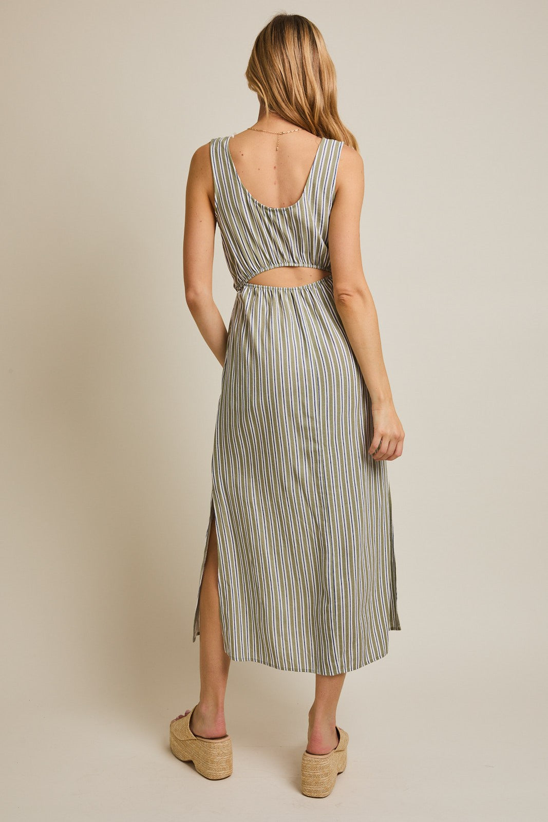 Olive-White Stripe Side Slit Maxi Dress