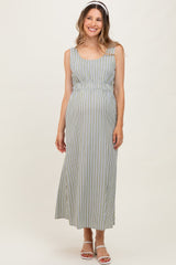 Olive-White Stripe Side Slit Maternity Maxi Dress