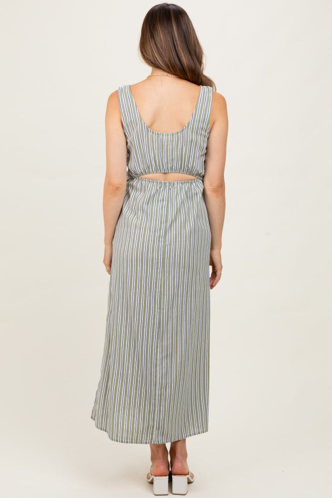 Olive-White Stripe Side Slit Maternity Maxi Dress
