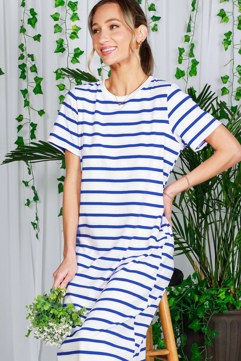 Blue Striped Side Slit Maxi Dress