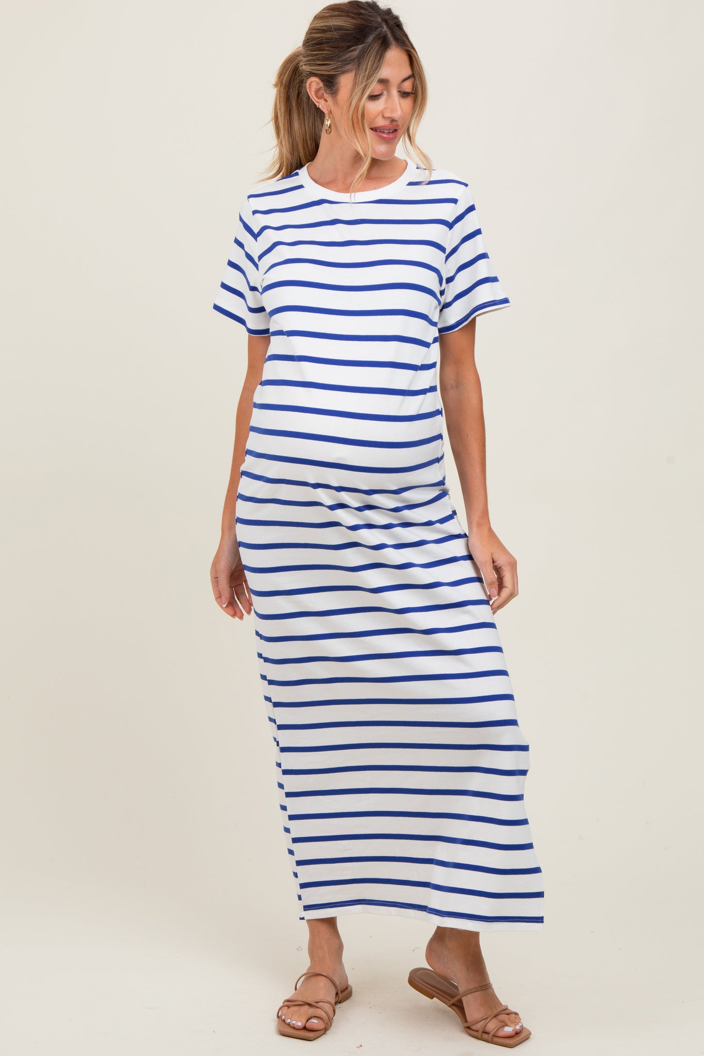 Blue Striped Side Slit Maternity Maxi Dress