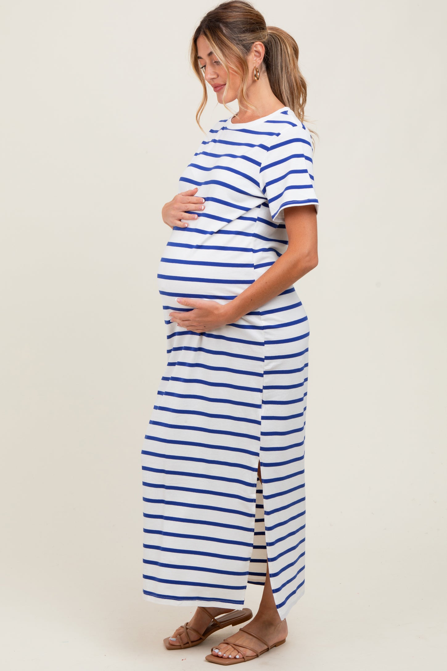 Blue Striped Side Slit Maternity Maxi Dress