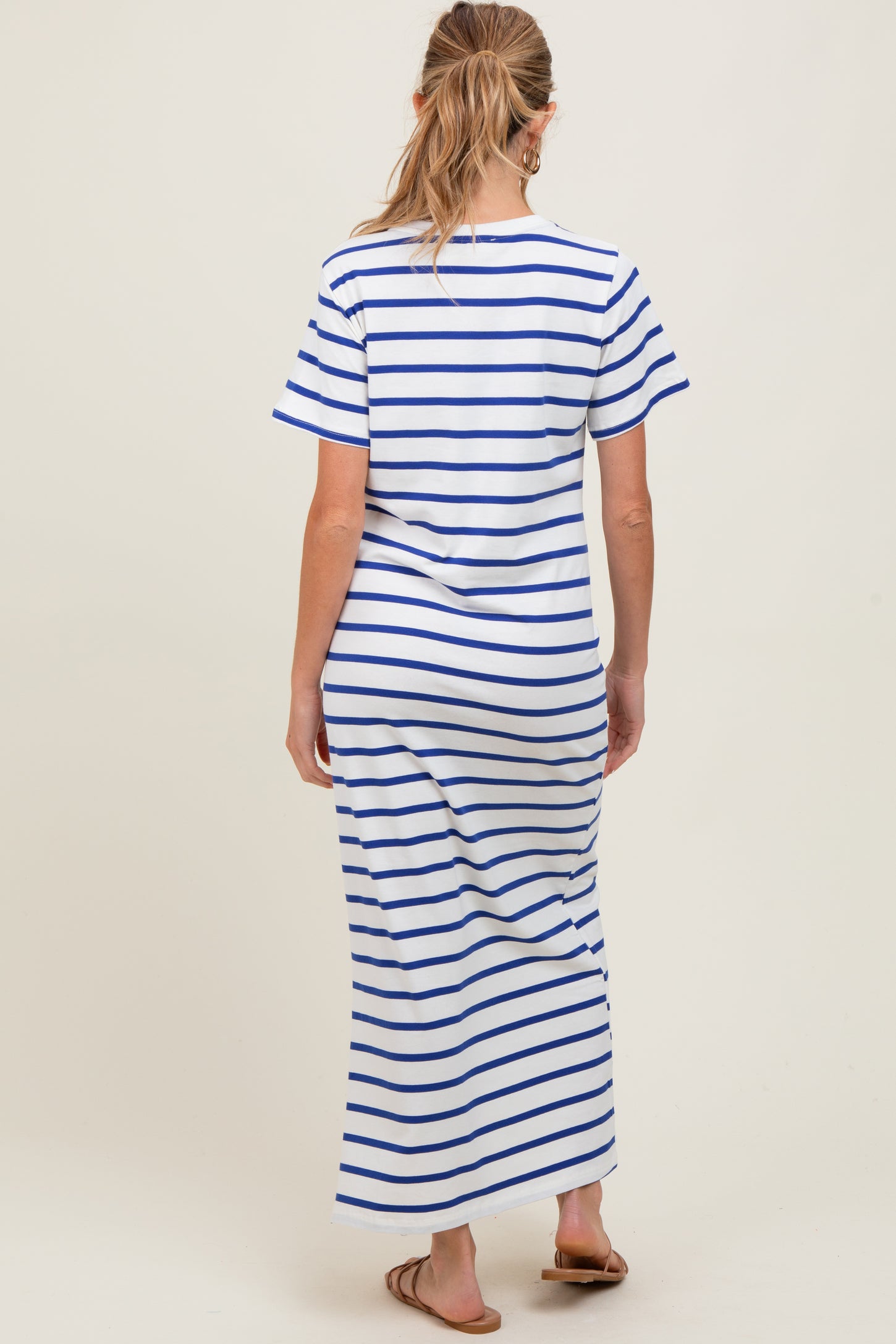 Blue Striped Side Slit Maternity Maxi Dress