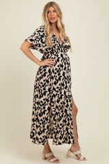 Black Slit Hem Leopard Printed Maternity Maxi Dress