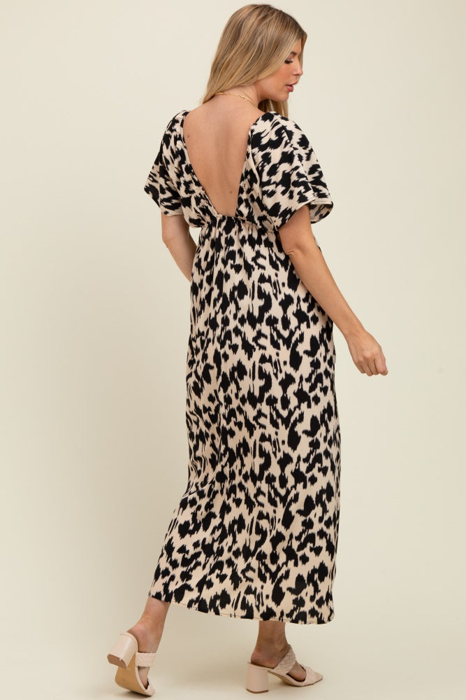 Black Slit Hem Leopard Printed Maternity Maxi Dress