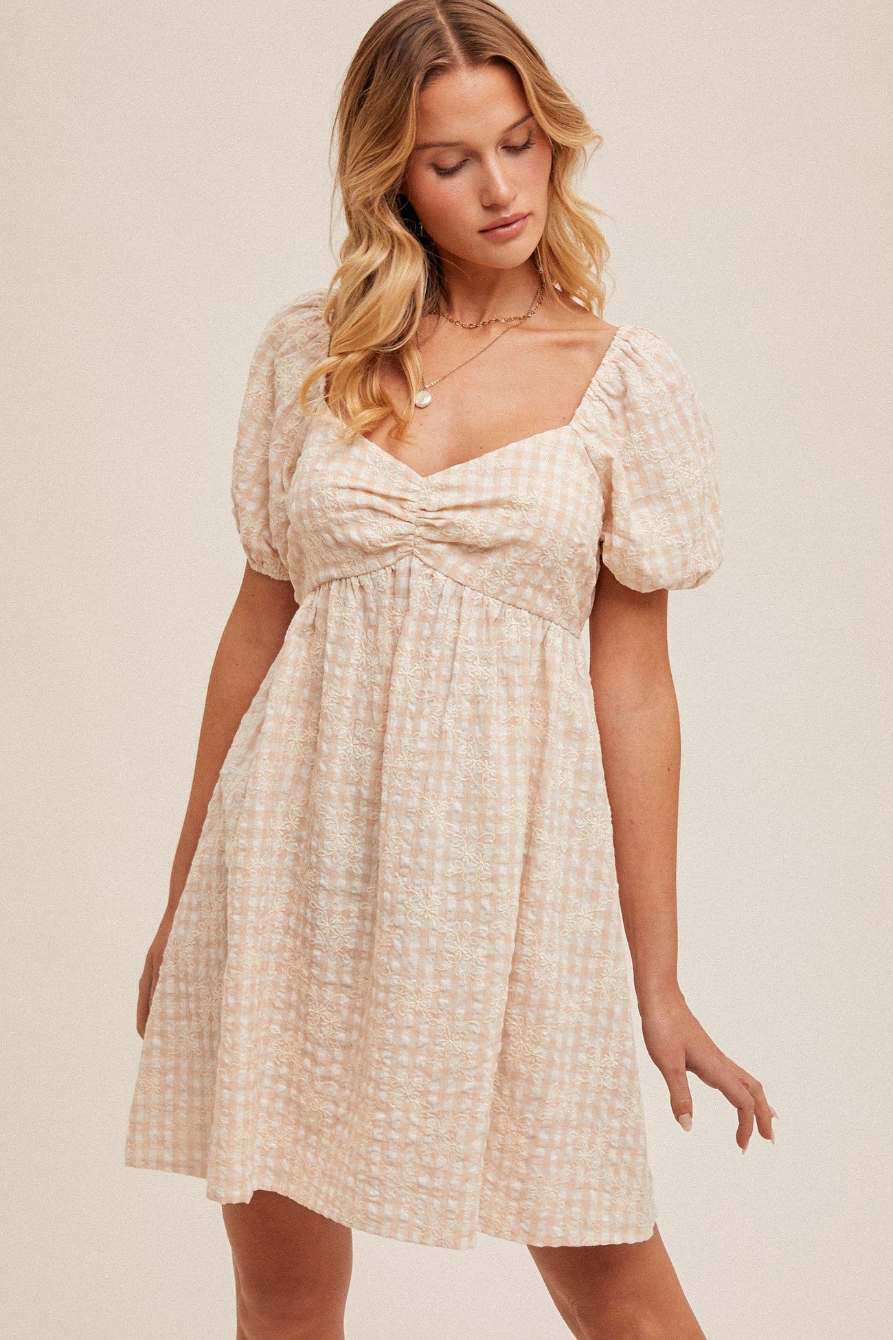 Beige Embroidered Gingham Sweetheart Neck Maternity Mini Dress Beige Embroidered Gingham Sweetheart Neck Maternity Mini Dress