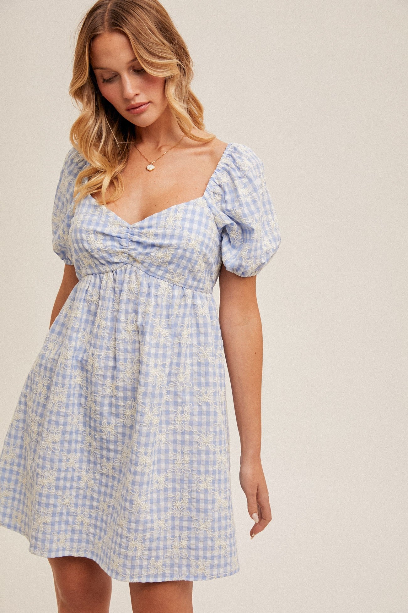 Light Blue Embroidered Gingham Sweetheart Neck Mini Dress PinkBlush Light Blue Embroidered Gingham Sweetheart Neck Mini Dress PinkBlush