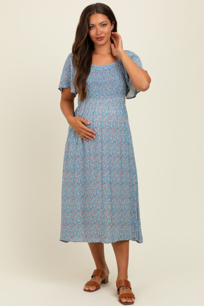 Blue/Pink Printed Maternity Dress With Pockets