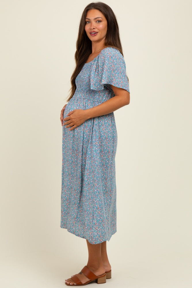 Blue/Pink Printed Maternity Dress With Pockets