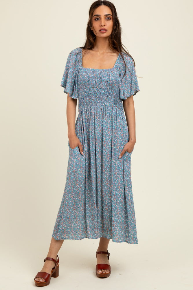 Blue/Pink Printed Dress With Pockets