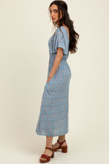 Blue/Pink Printed Dress With Pockets