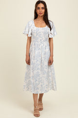 Ivory/Blue Printed Dress With Pockets