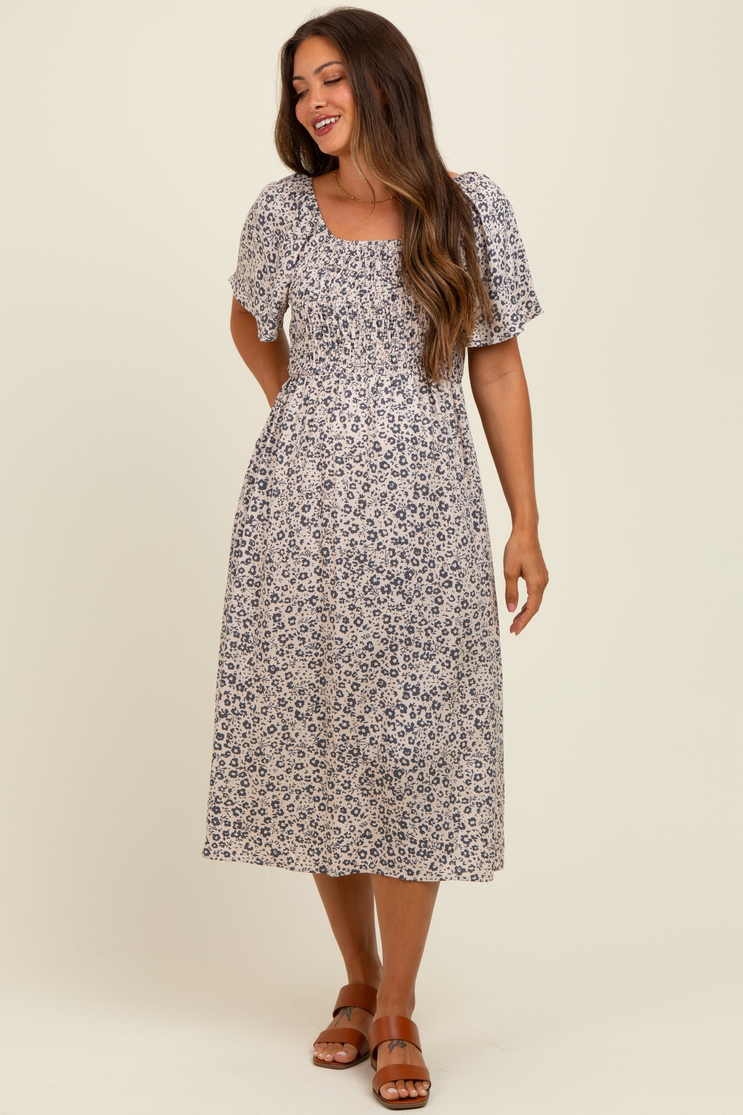 Taupe/Black Printed Maternity Dress With Pockets