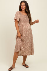 Mocha Printed Maternity Dress With Pockets