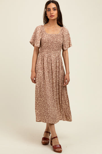 Mocha Printed Dress With Pockets