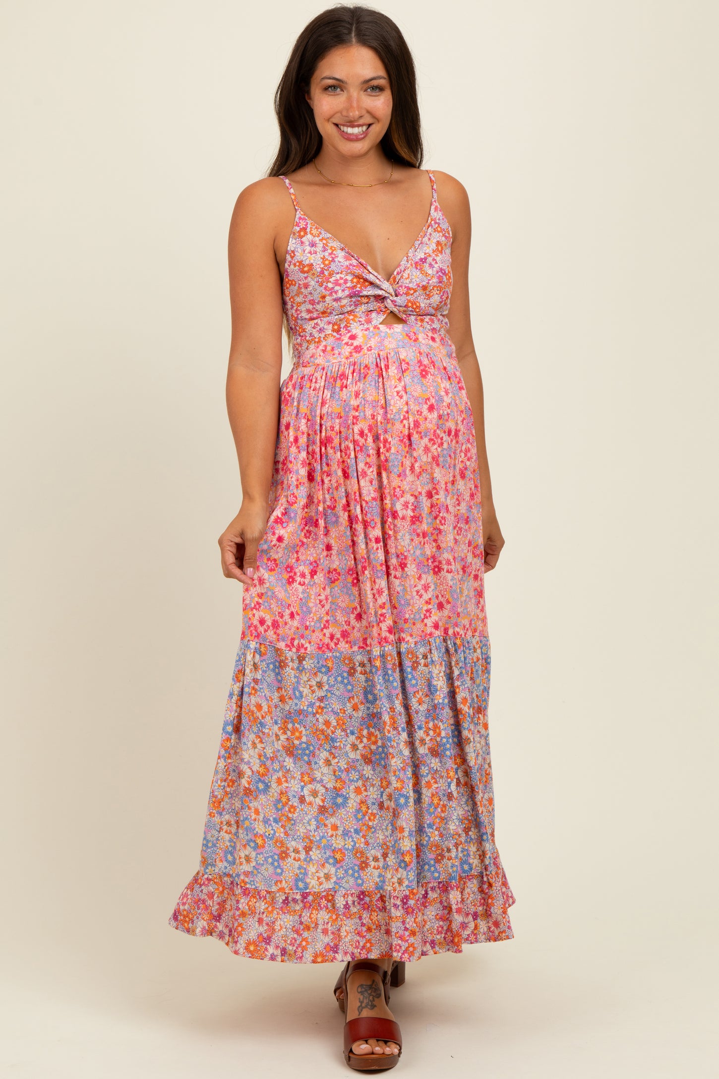 Pink Floral Twist Front Cut Out Tiered Maternity Maxi Dress