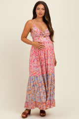 Pink Floral Twist Front Cut Out Tiered Maternity Maxi Dress
