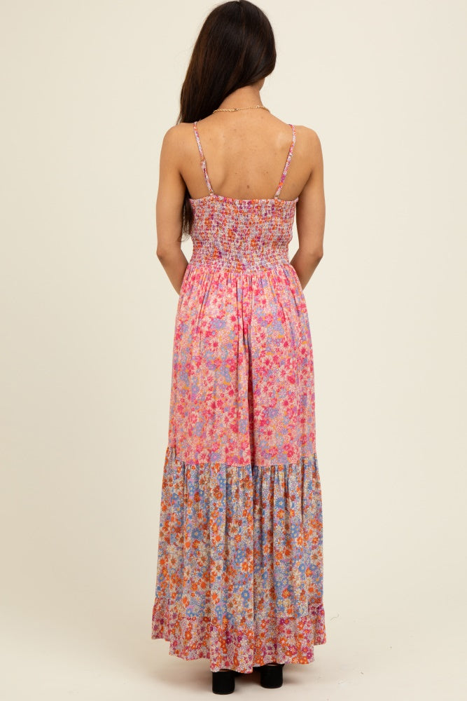 Pink Floral Twist Front Cut Out Tiered Maxi Dress