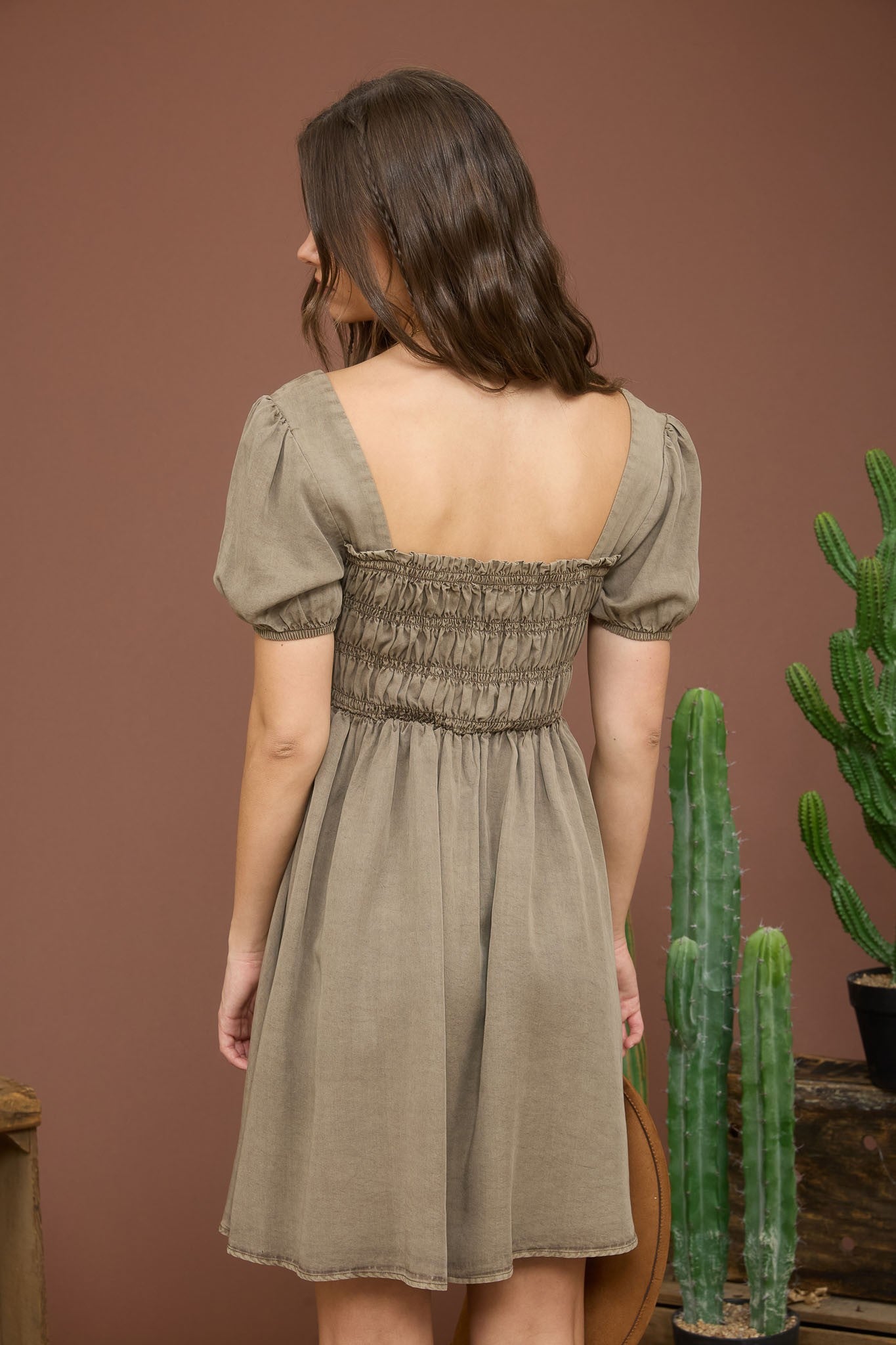 Olive Smocked Puff Sleeve Mini Dress