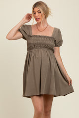 Olive Smocked Puff Sleeve Maternity Mini Dress